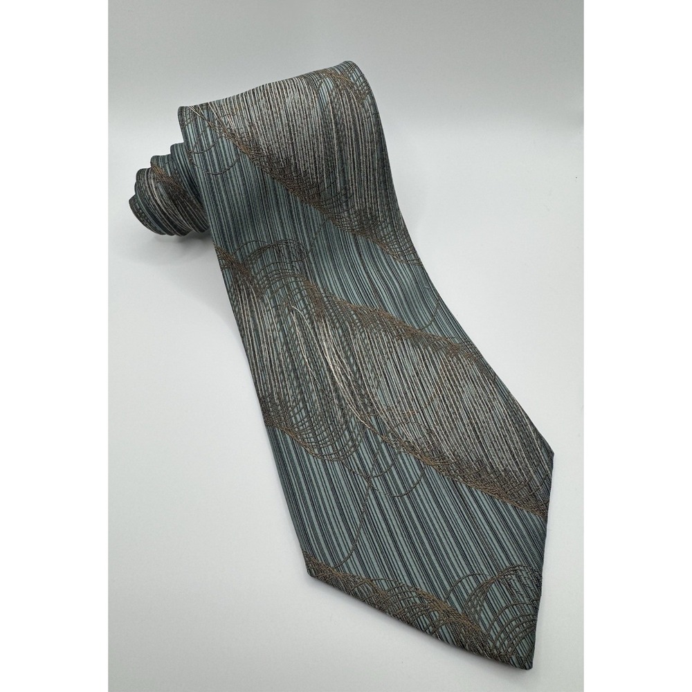 ERTU Silk Tie Blue Brown Abstract Wave Pattern Made in Japan Classic Necktie